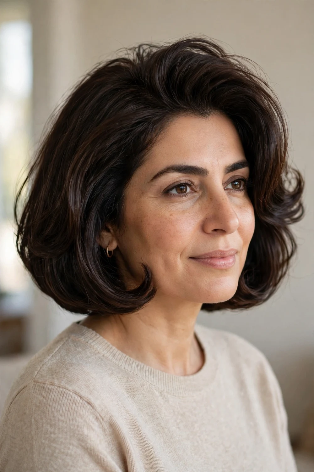 Voluminous blowout chin length bob with bouncy fullness