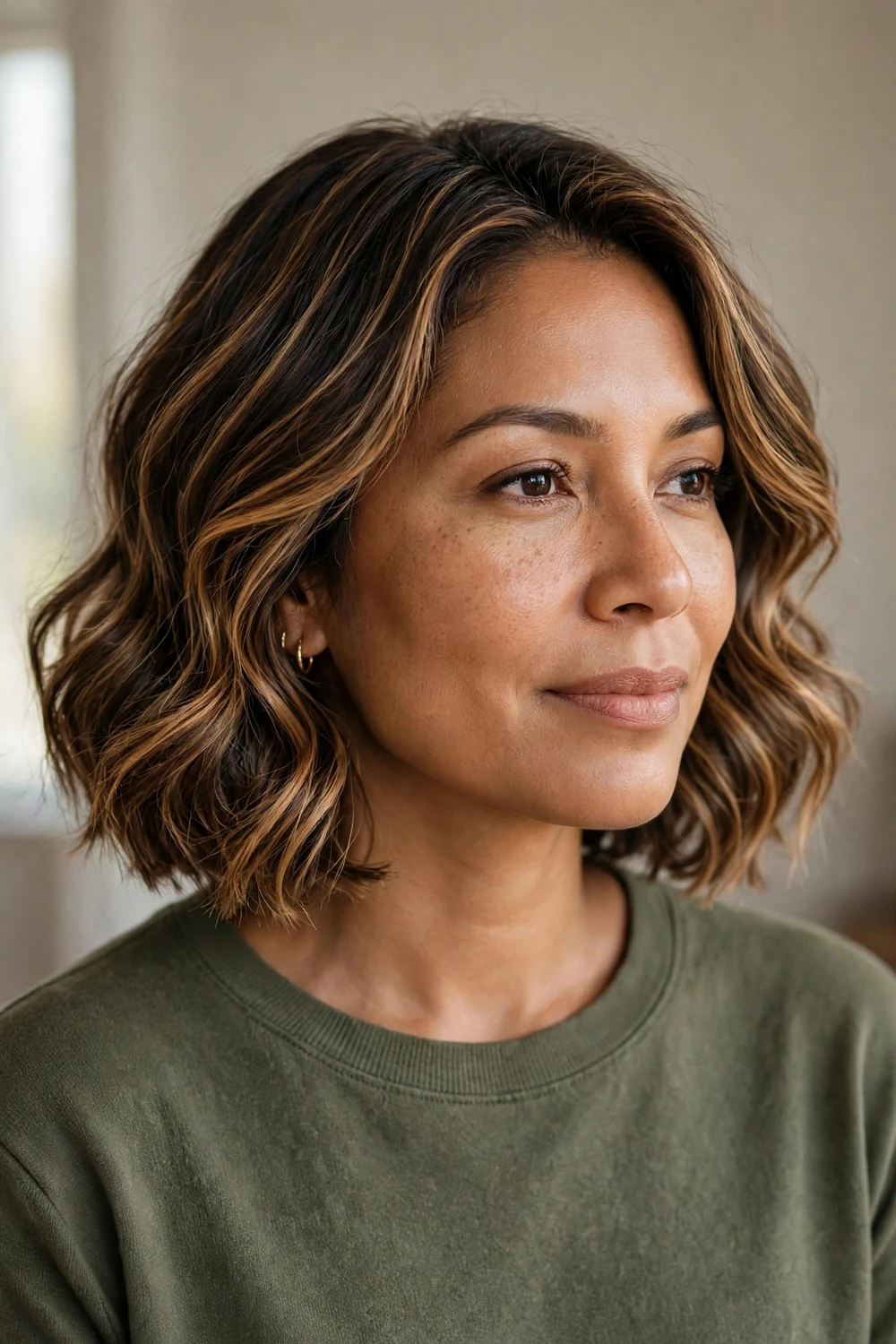 Wavy chin length bob with soft defined waves adding fullness