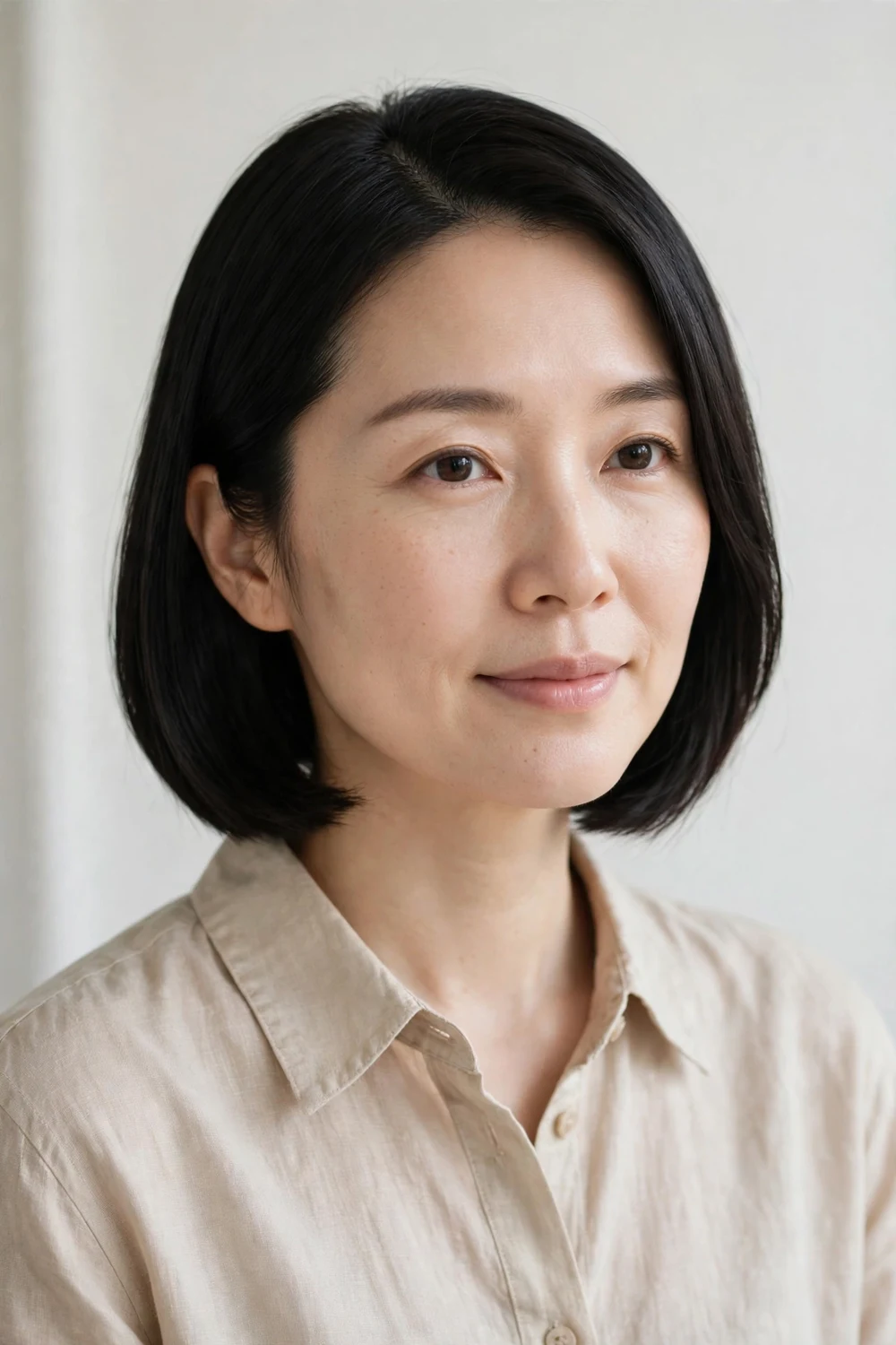 East Asian woman with a straight black bob styled in a clean side part