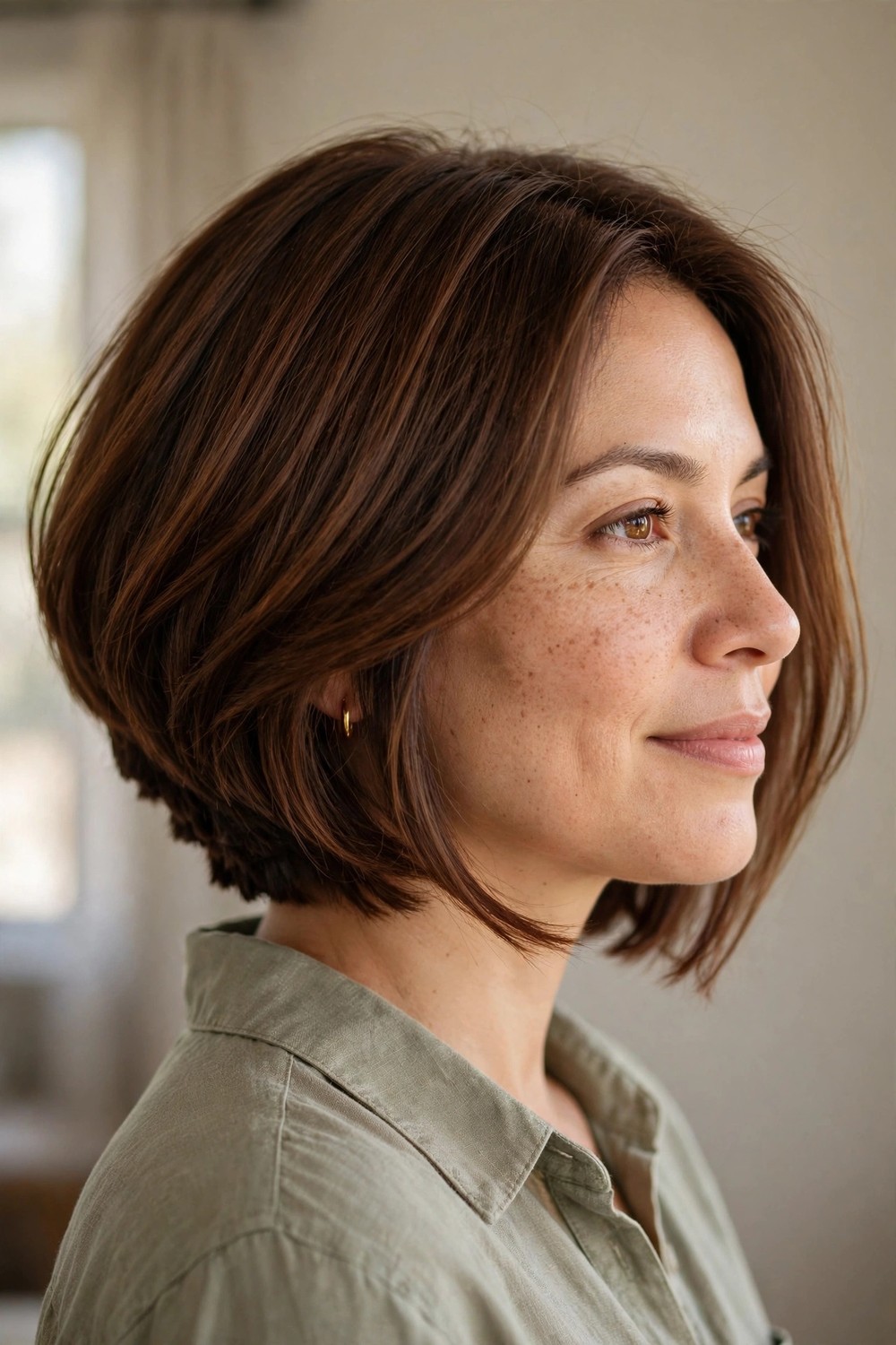 A-line bob angled longer toward the chin on chestnut fine hair