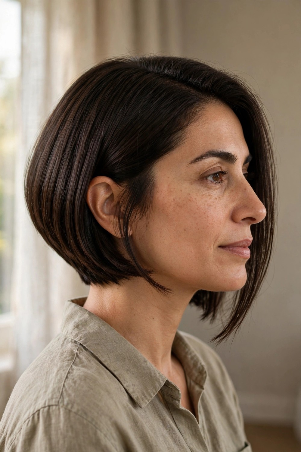 Asymmetrical chin-length bob with one side longer than the other