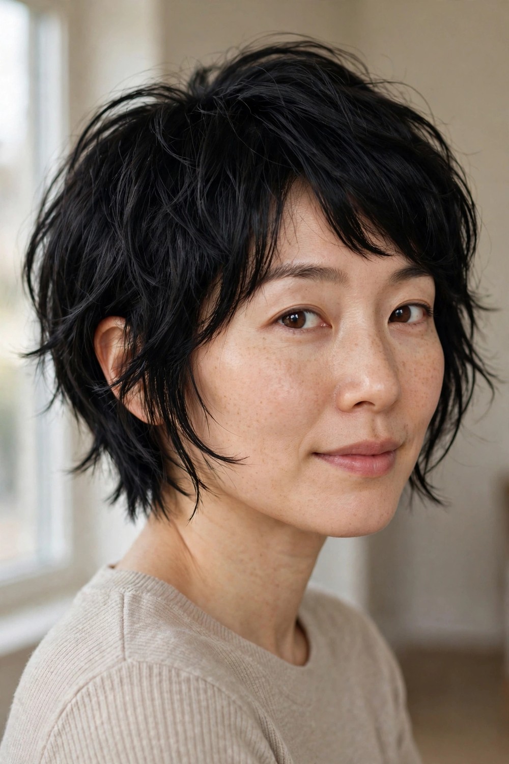 Bixie cut blending bob length with pixie layers on black fine hair