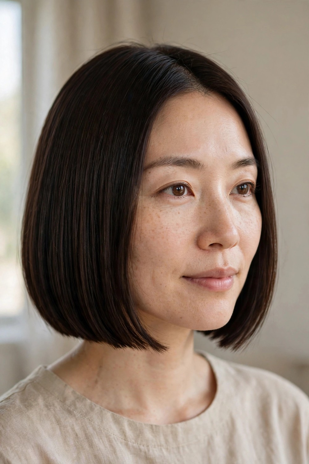 Chin-length blunt bob with an even perimeter on dark brown fine hair