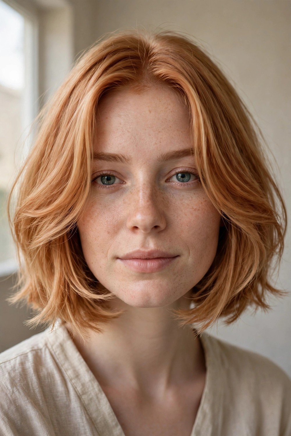 Bottleneck bob with curtain-like layers on strawberry blonde fine hair