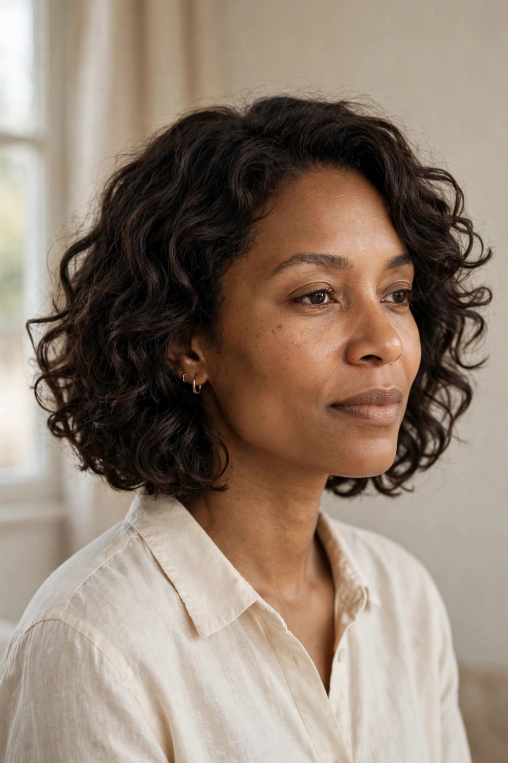Curly chin-length bob with soft defined curls on natural fine hair
