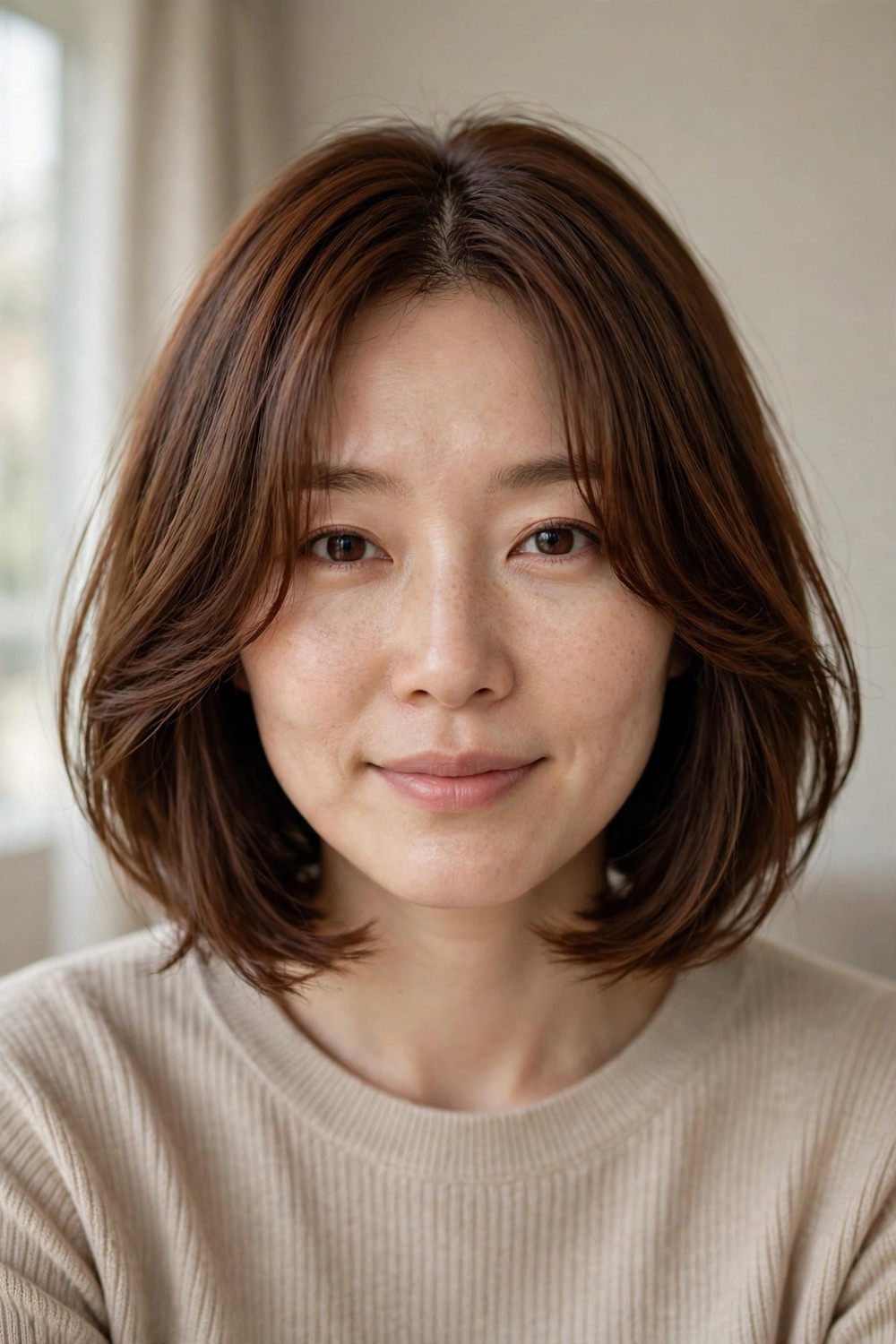 Chin-length bob with soft curtain bangs framing the cheekbones