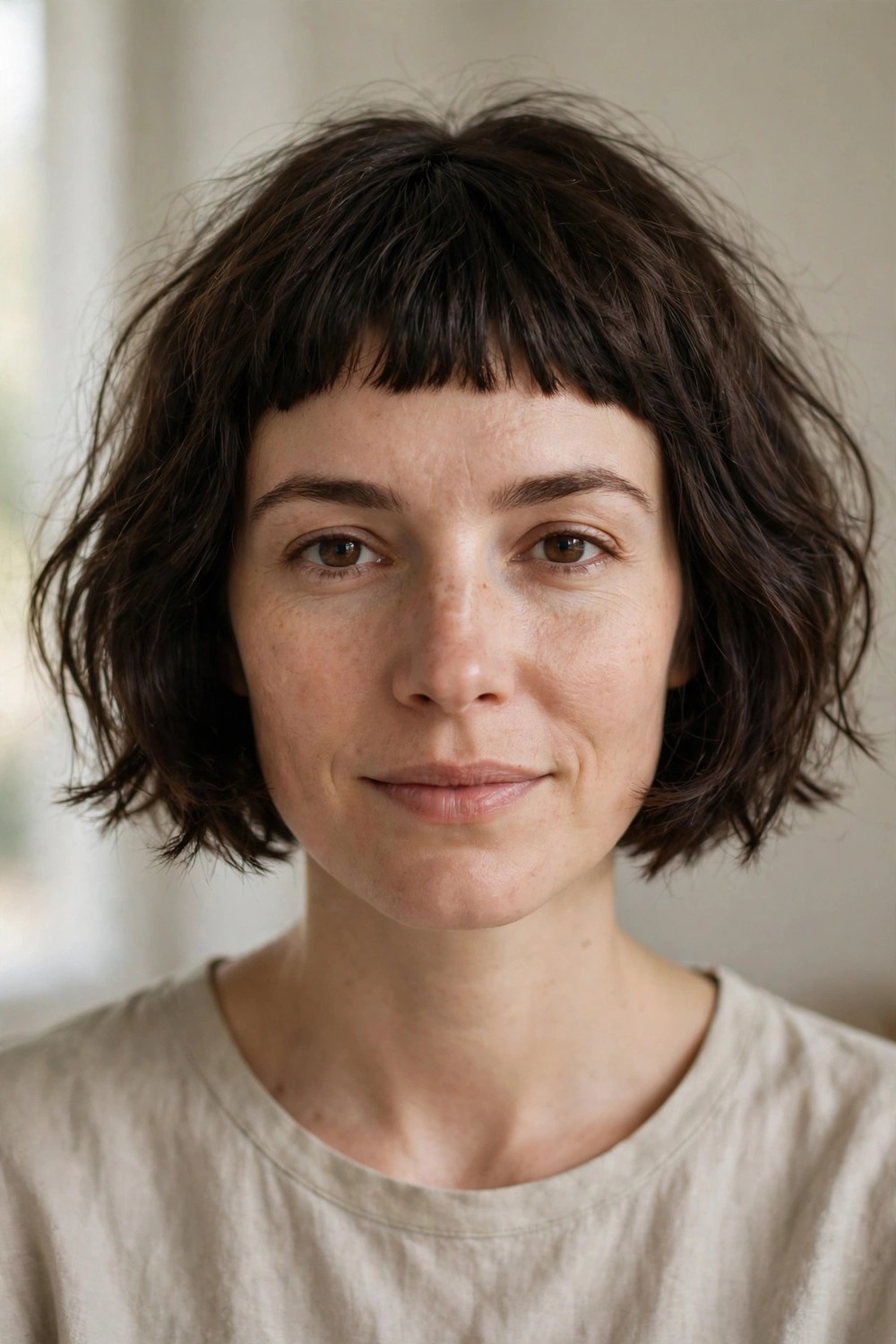 French bob with short blunt fringe on chin-length fine hair