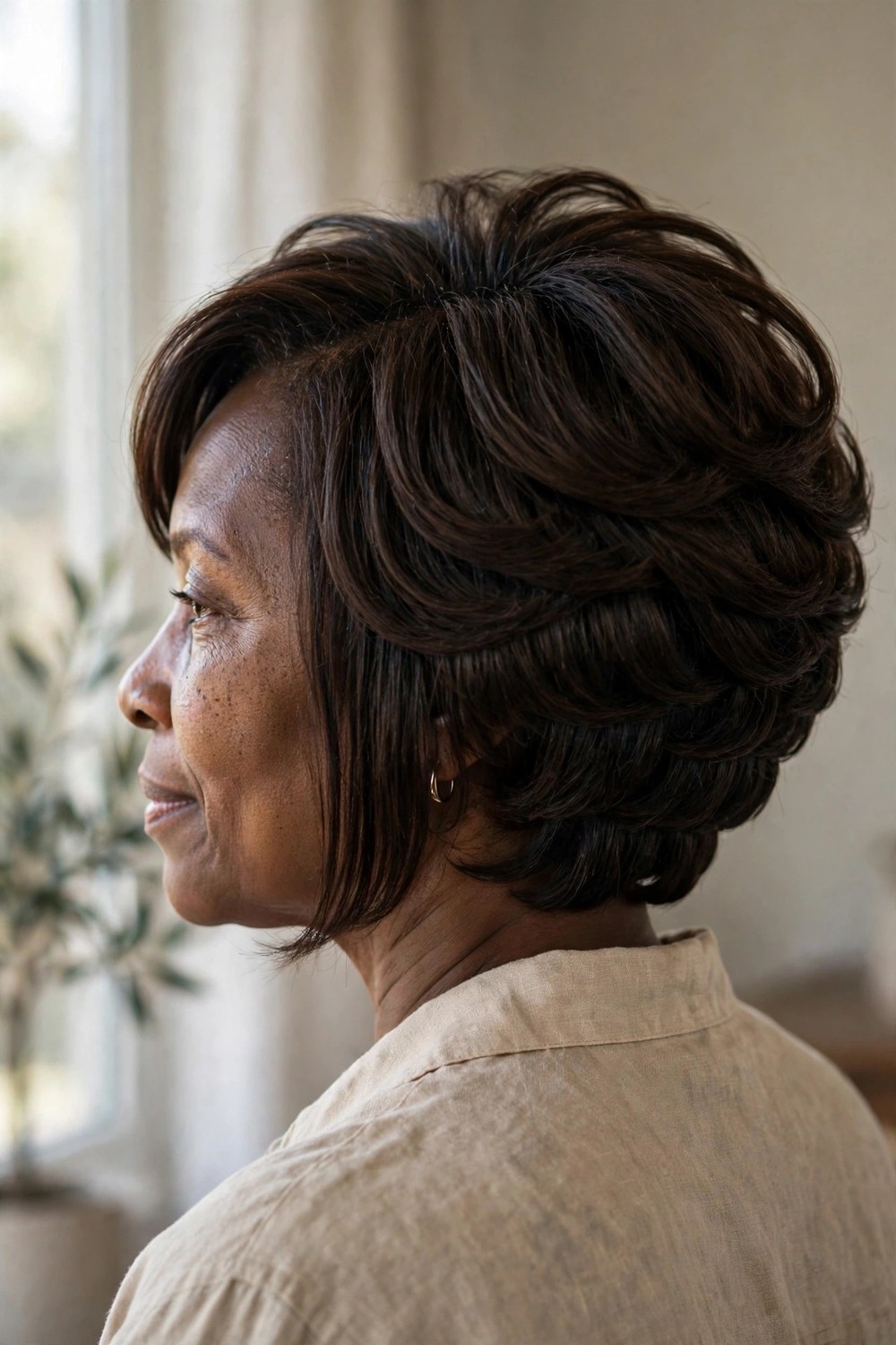 Inverted bob with stacked back layers and longer front pieces