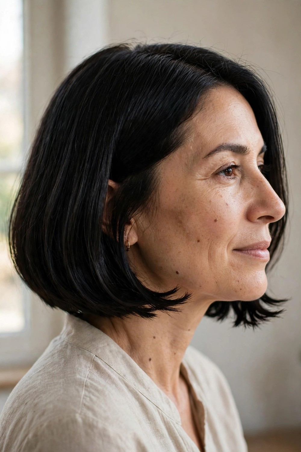 Glossy Italian bob with precise blunt line at the chin