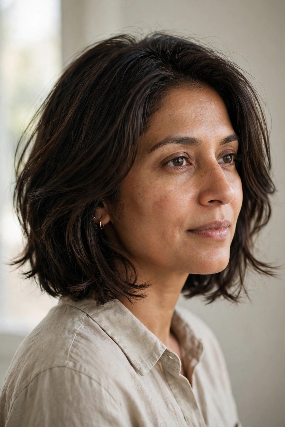 Layered chin-length bob with soft restrained layers on dark brown fine hair