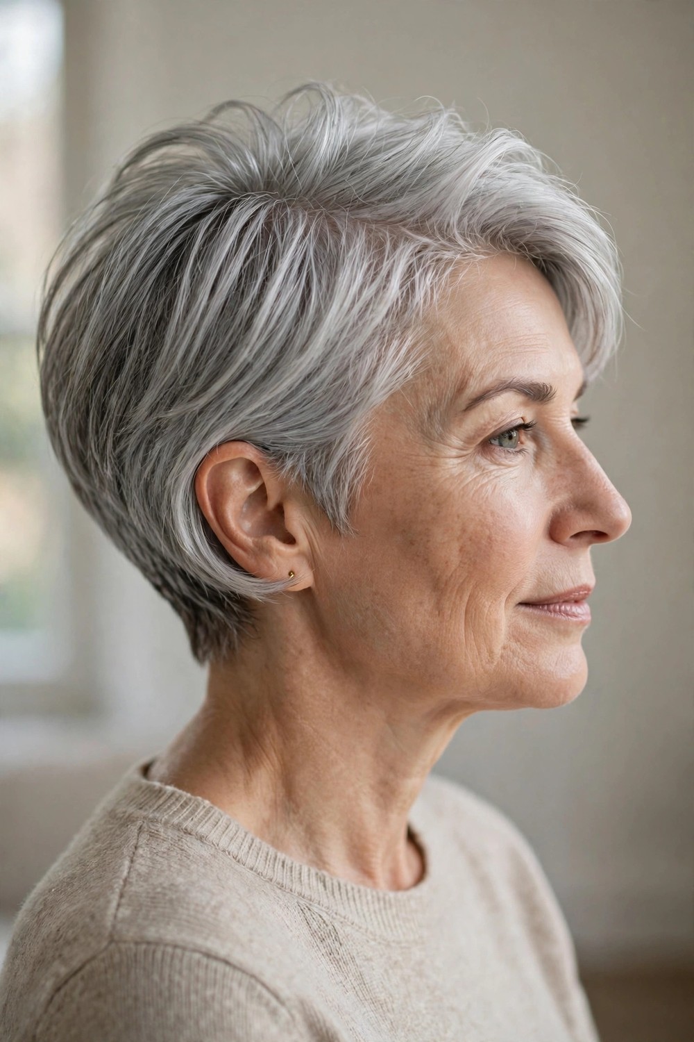 Pixie bob with cropped sides and lifted crown on silver fine hair