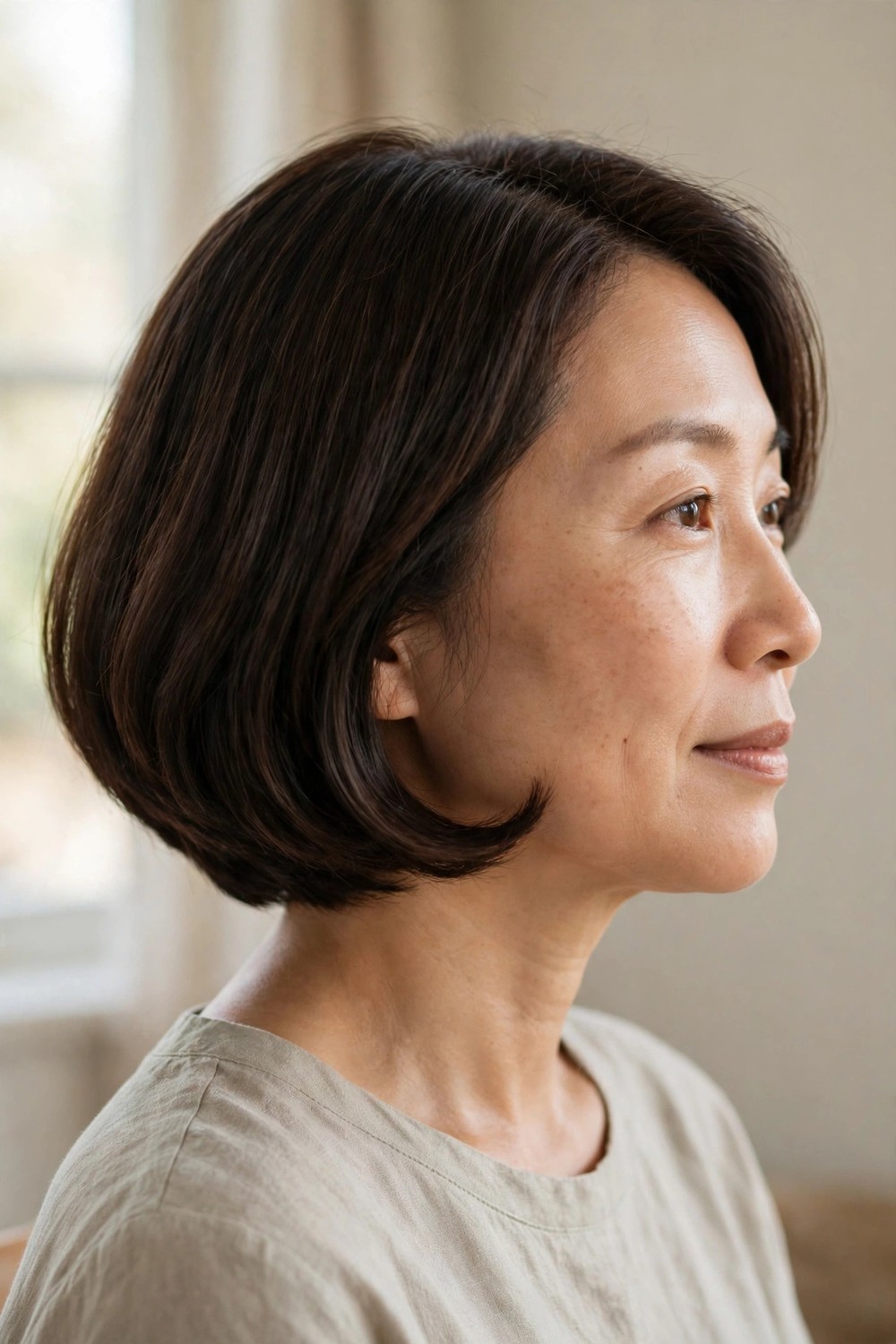 Rounded chin-length bob with ends curved gently under the chin