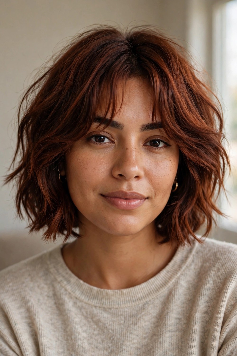 Shaggy chin-length bob with face-framing layers on auburn fine hair