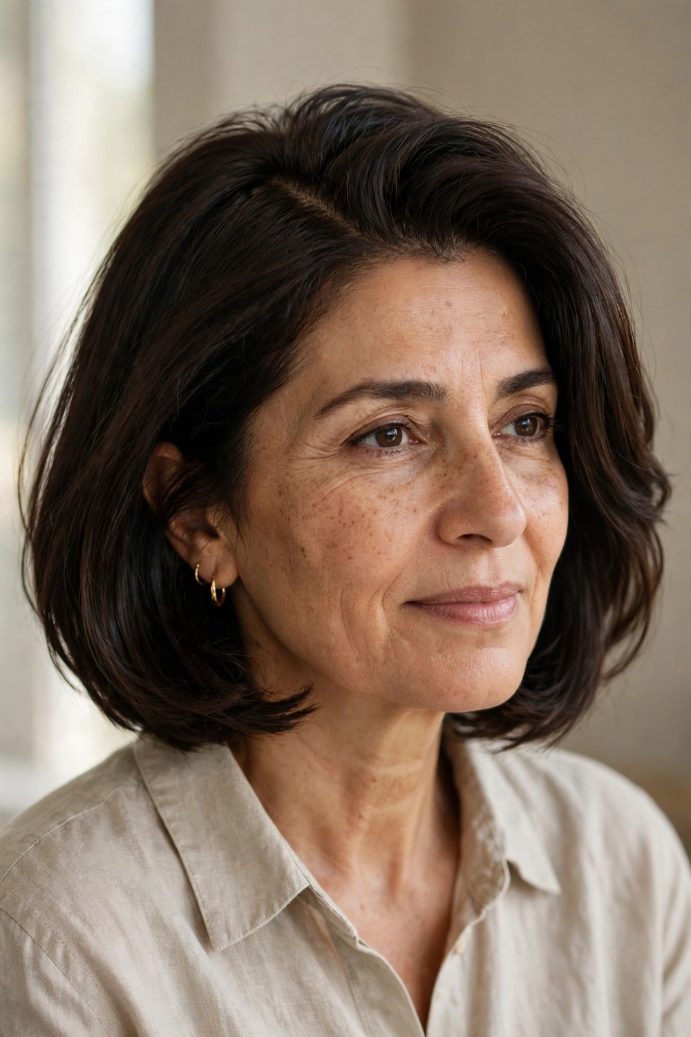 Chin-length bob with deep side part creating root lift on fine hair