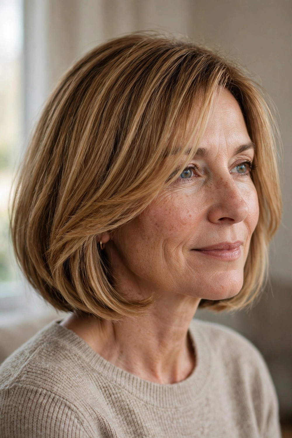 Chin-length bob with long side-swept bangs on caramel blonde fine hair