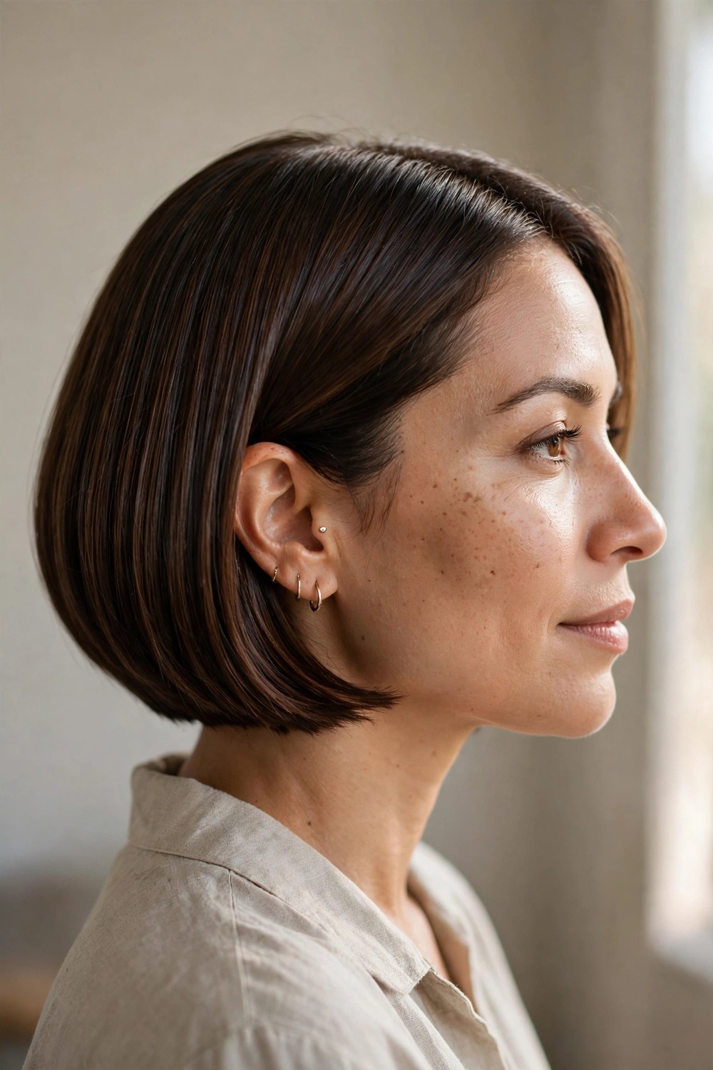 Sleek smooth chin-length bob with polished finish on fine hair
