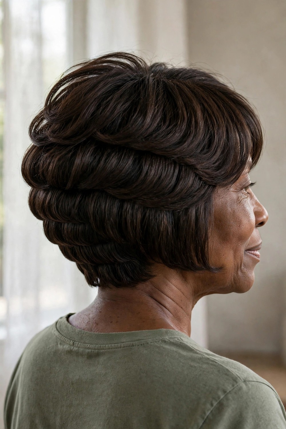 Stacked bob with graduated back layers creating crown height