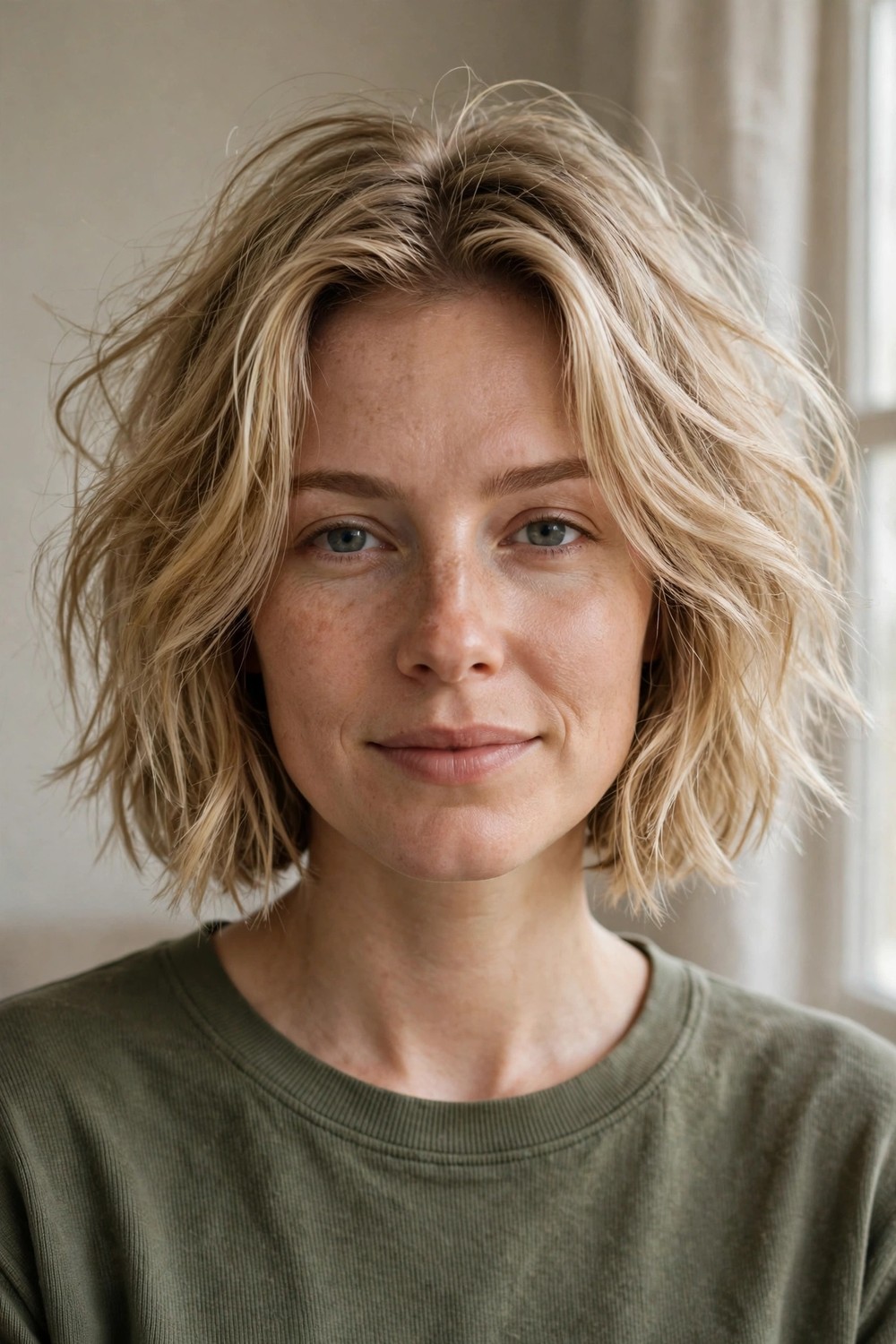 Textured chin-length bob with tousled relaxed layers on blonde fine hair