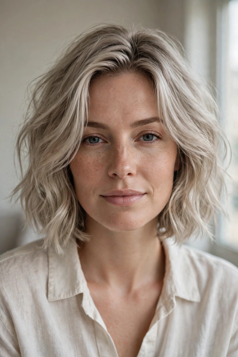 Tousled chin-length bob with airy waves on ash blonde fine hair