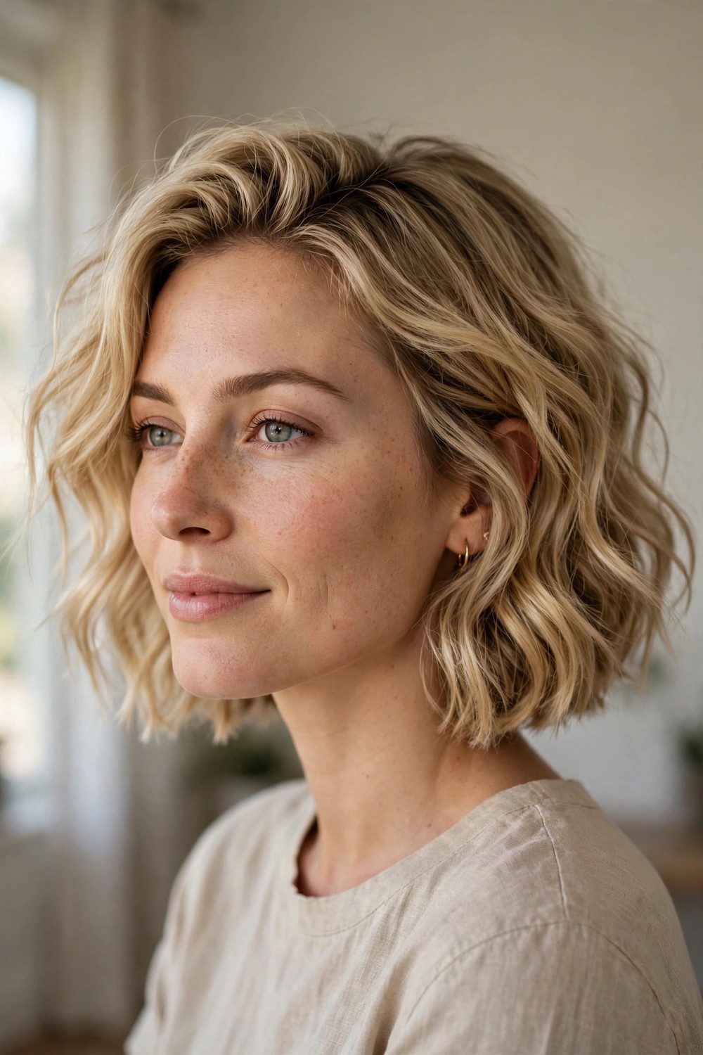 Wavy chin-length bob with loose relaxed waves on honey blonde fine hair