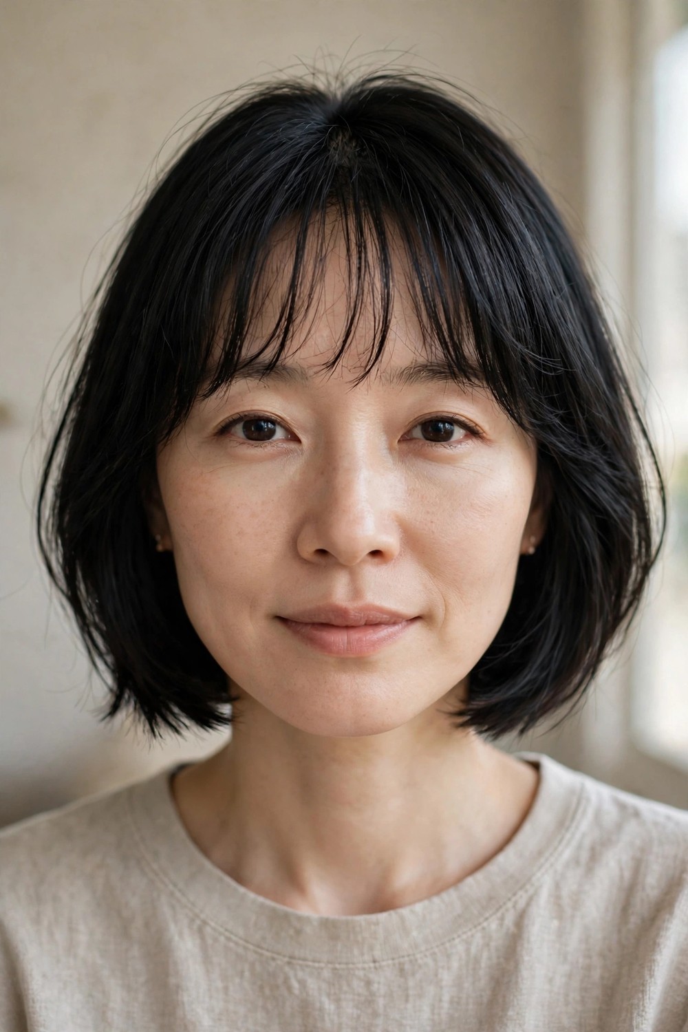 Chin-length bob with lightweight wispy bangs on black fine hair