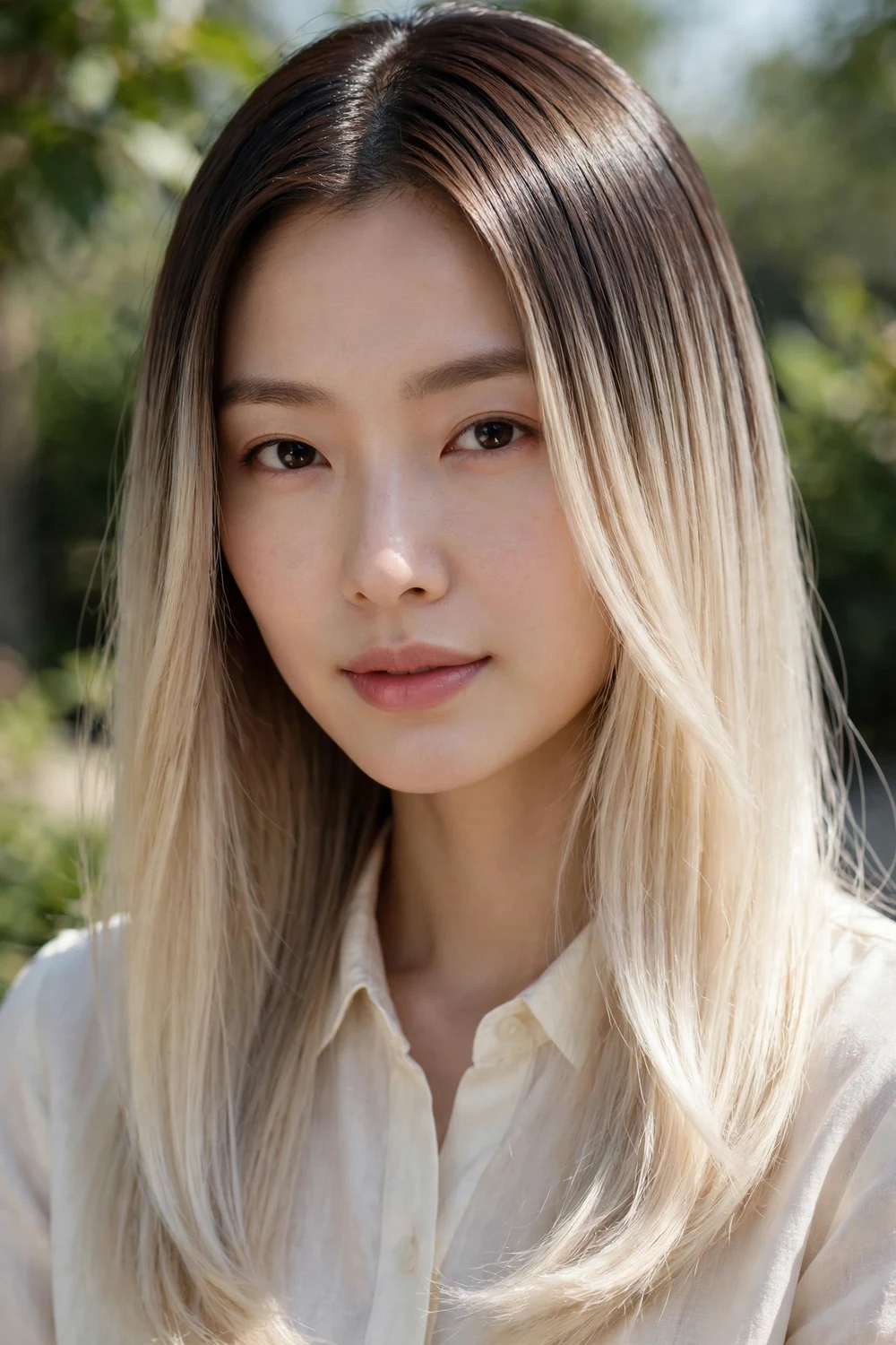 Woman with milky coconut cream blonde balayage on sleek straight hair