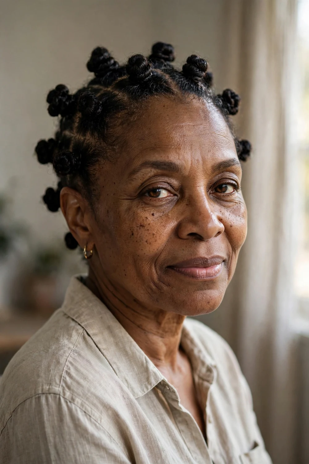 Older Black woman wearing coiled bantu knots