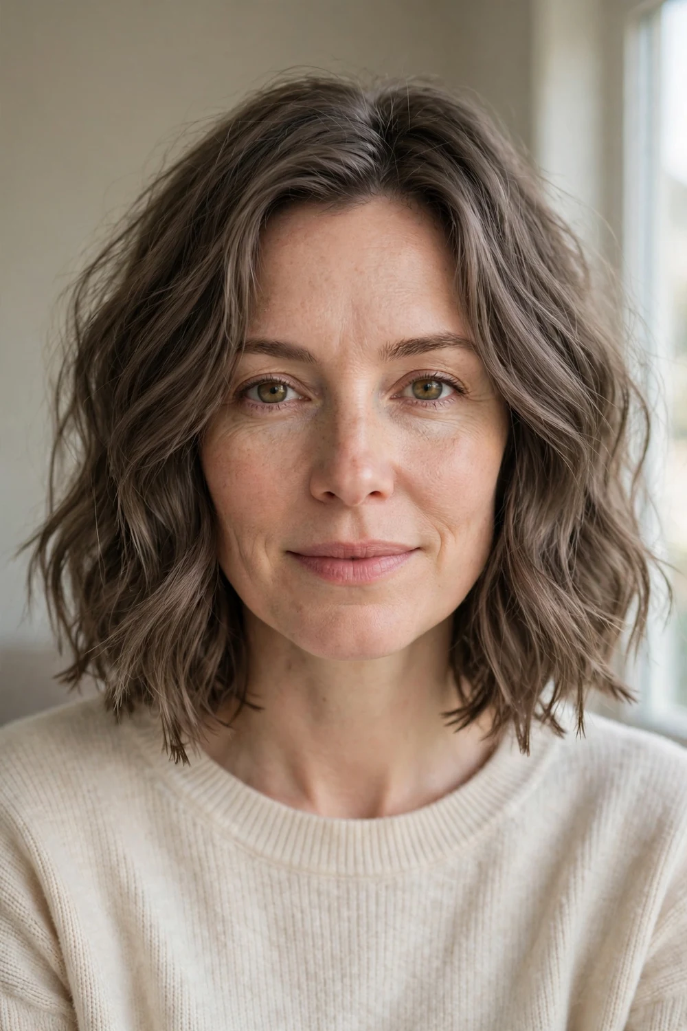 Woman with a collar-bone length wavy bob with textured ends