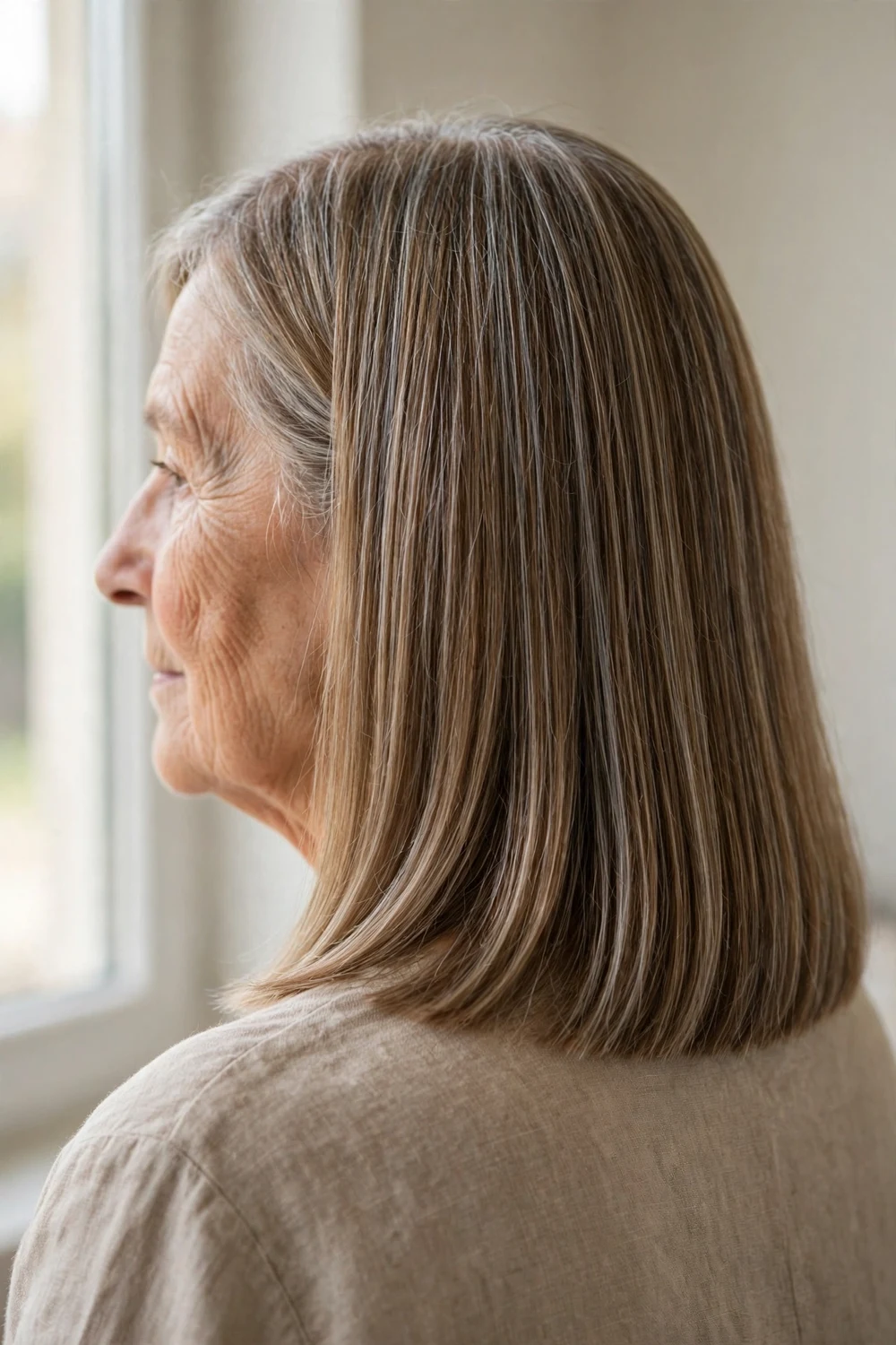 70-year-old Asian woman with gray side-parted collarbone-length haircut
