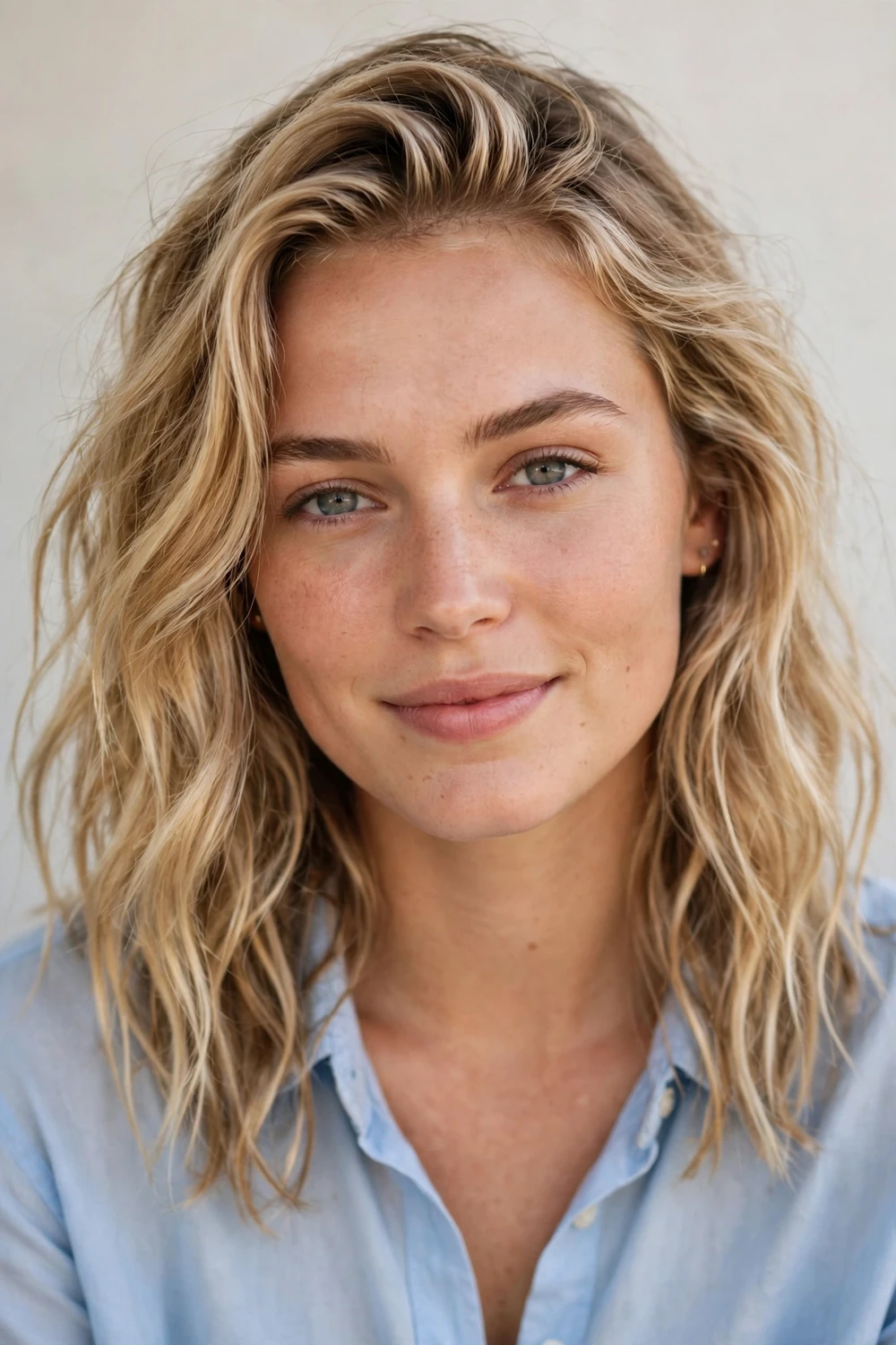 Oval-faced woman with a collarbone-length cut styled in beachy waves