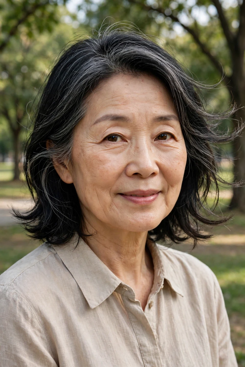 East Asian woman in her early 60s with a collarbone-length cut with delicate feathering in a park