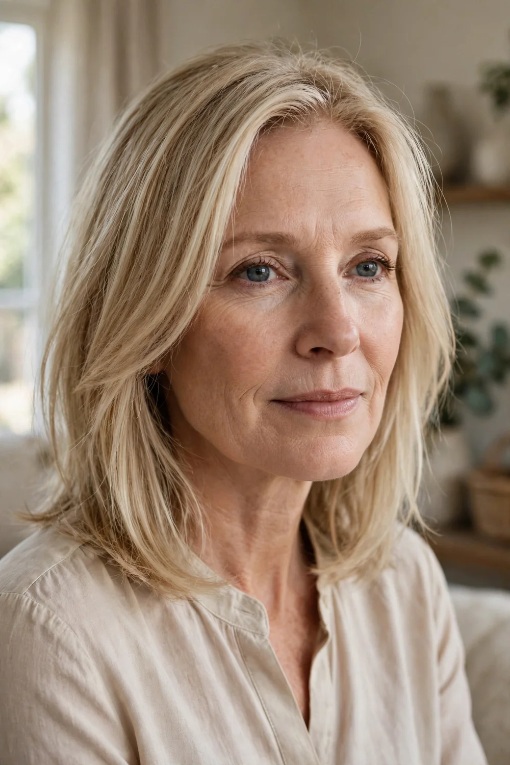 Woman with a collarbone-length haircut and face-framing layers for thin hair