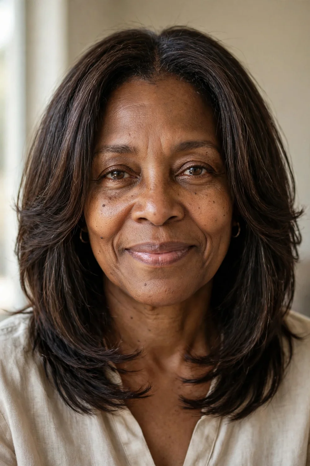 57-year-old Black woman with dark brown collarbone-length lob with long layers, front view