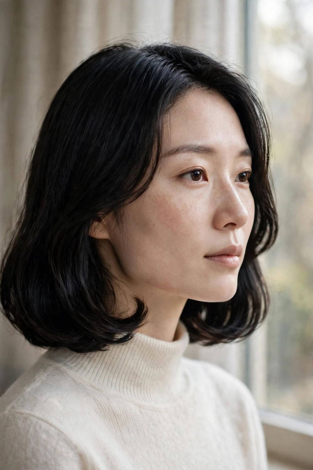 Woman with a collarbone lob with rounded ends softening a square jawline