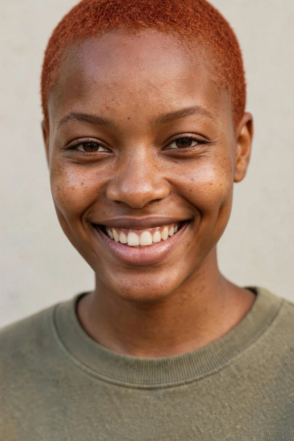 Black woman with a buzz cut dyed a rich copper red color