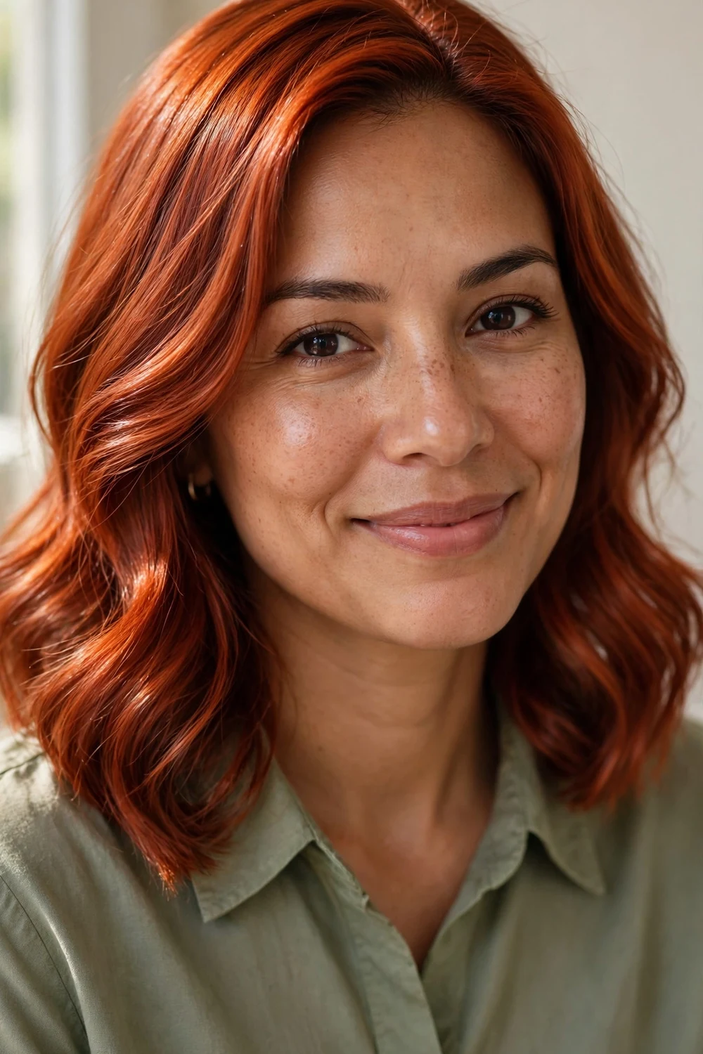 Woman with richly colored red hair protected by sulfate-free shampoo
