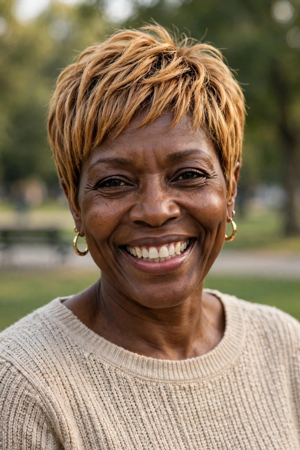 Older Black woman with a warm honey blonde short pixie cut