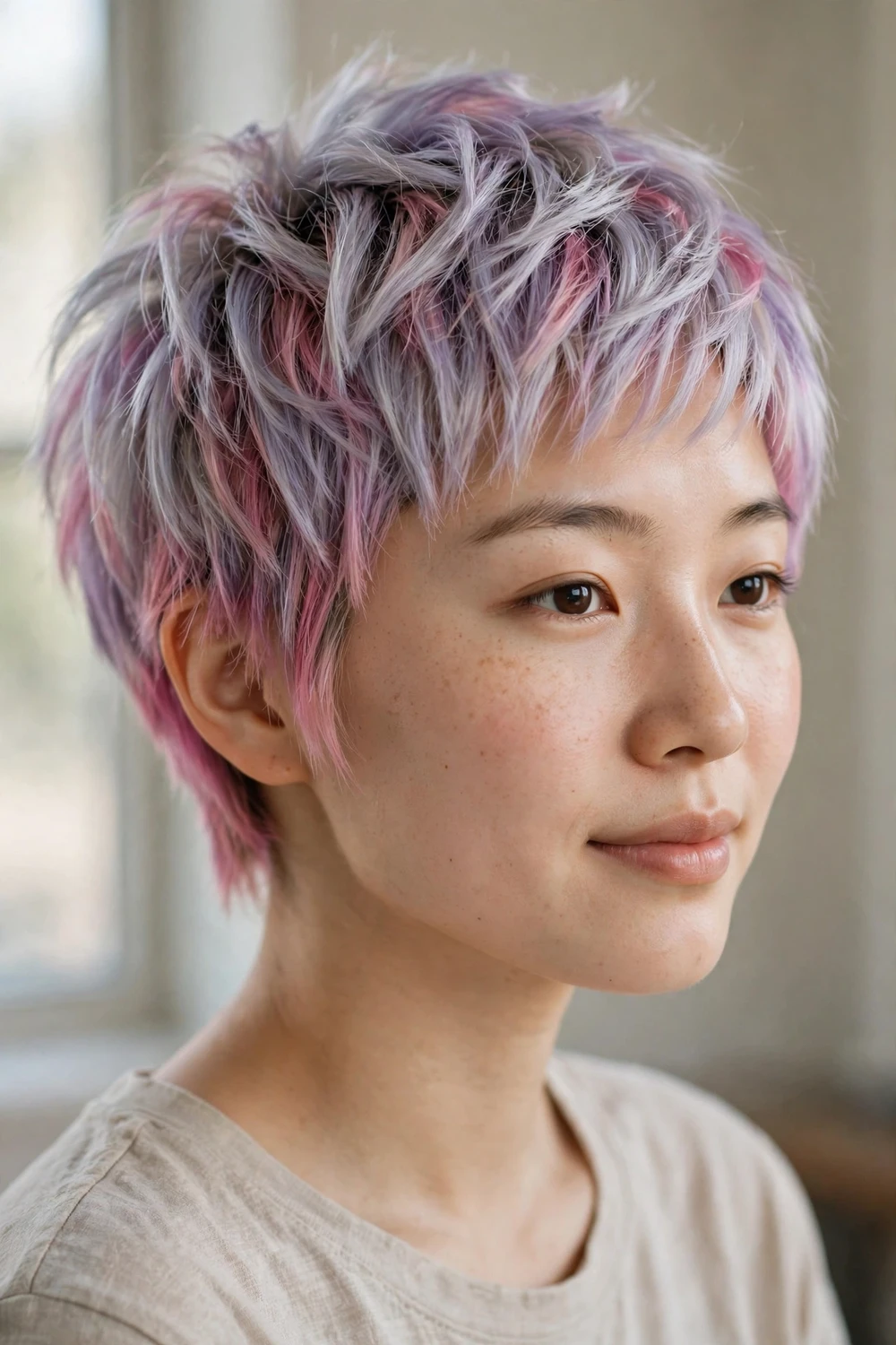 Woman with pastel lavender and pink hair in a short colorful layered pixie cut