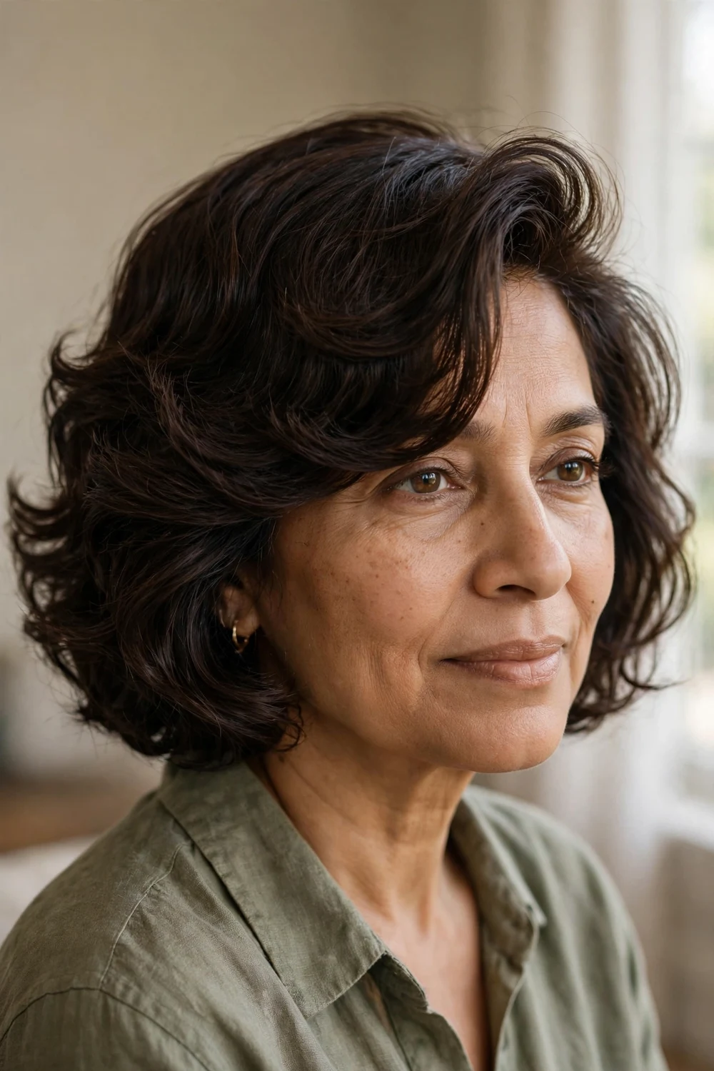 Comb-over wavy bob with volume on top on thick dark brown chin-length hair, front three-quarter view
