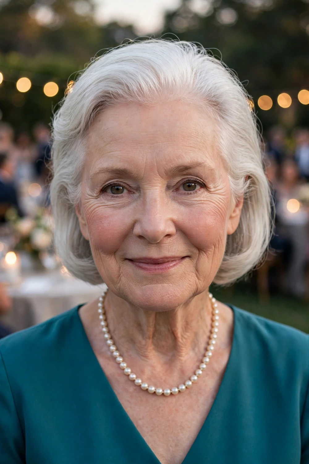 Woman over 50 with a combed-back bob hairstyle on thin white hair