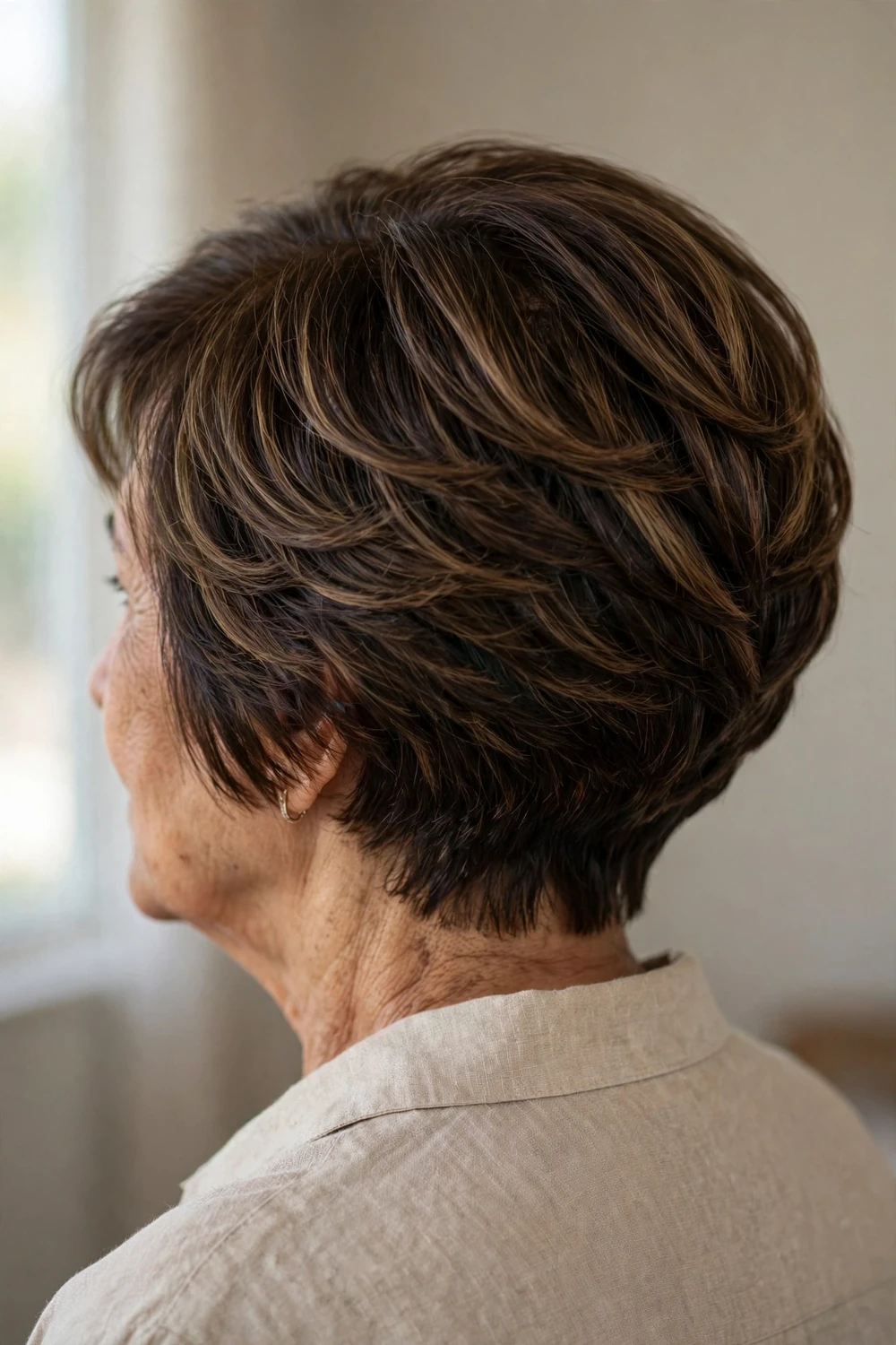 Compact taper bob with stacked back and tapered nape on a woman over 60