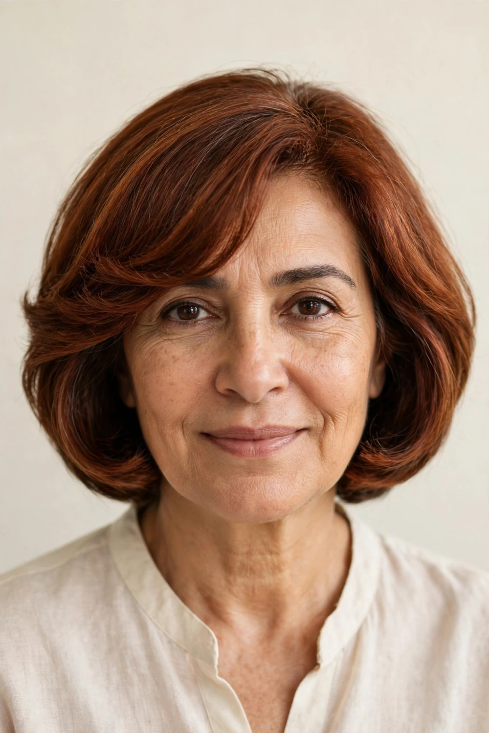 Concave layered bob with side fringe curving toward the face