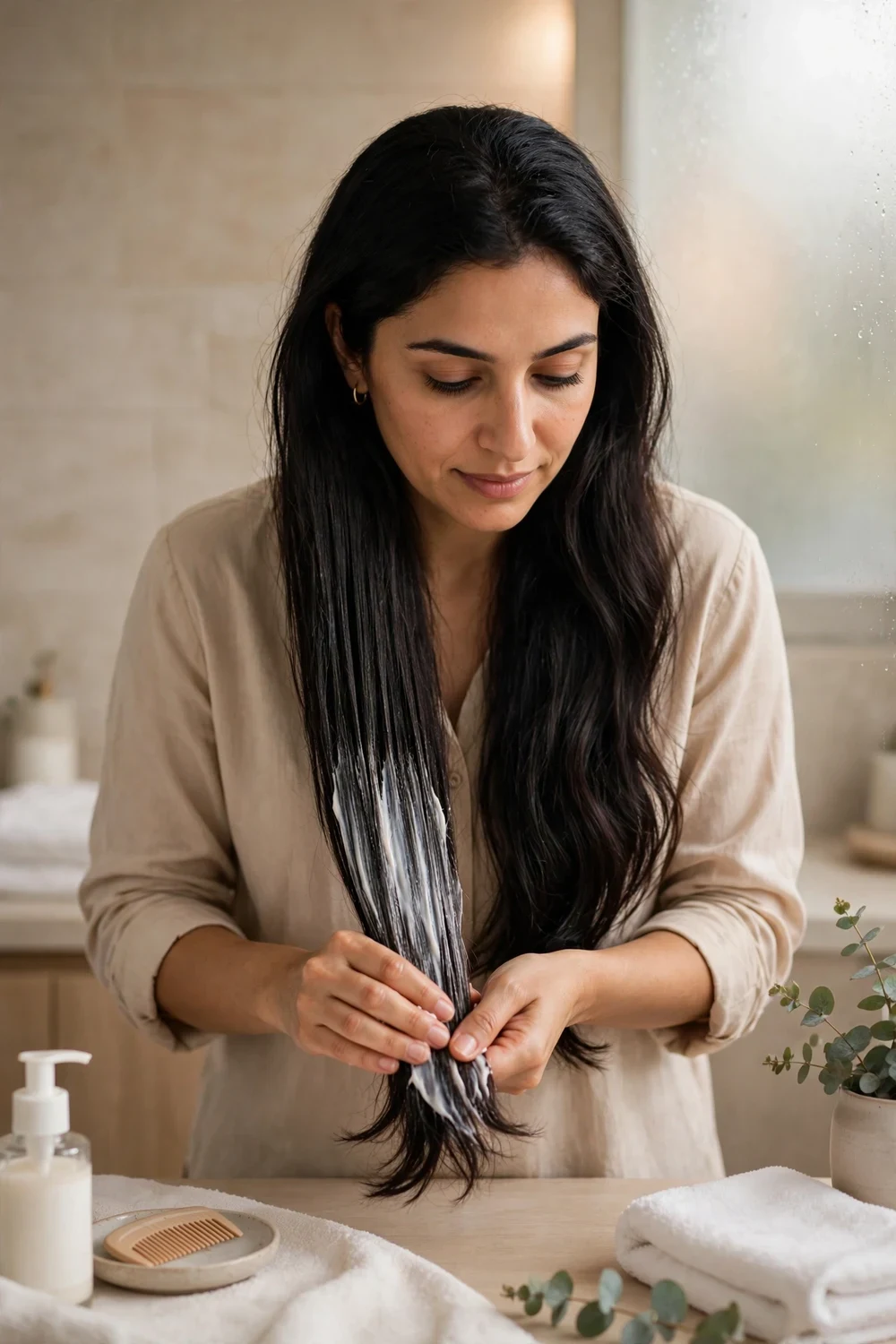 Woman applying conditioner only to the mid-lengths and ends of her hair