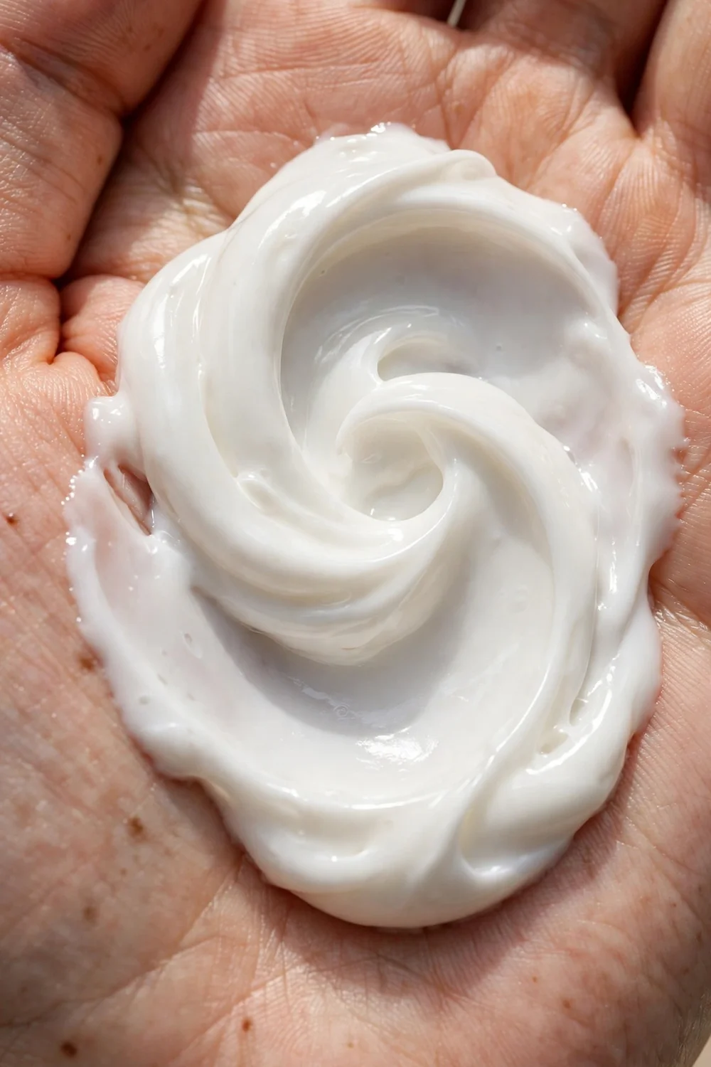 Close-up of creamy white conditioner texture in an open hand
