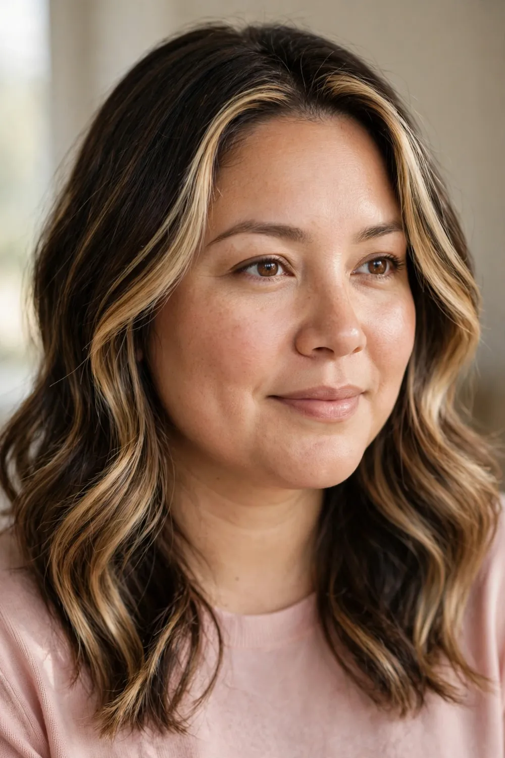 Contour balayage with honey blonde pieces placed to flatter the face shape