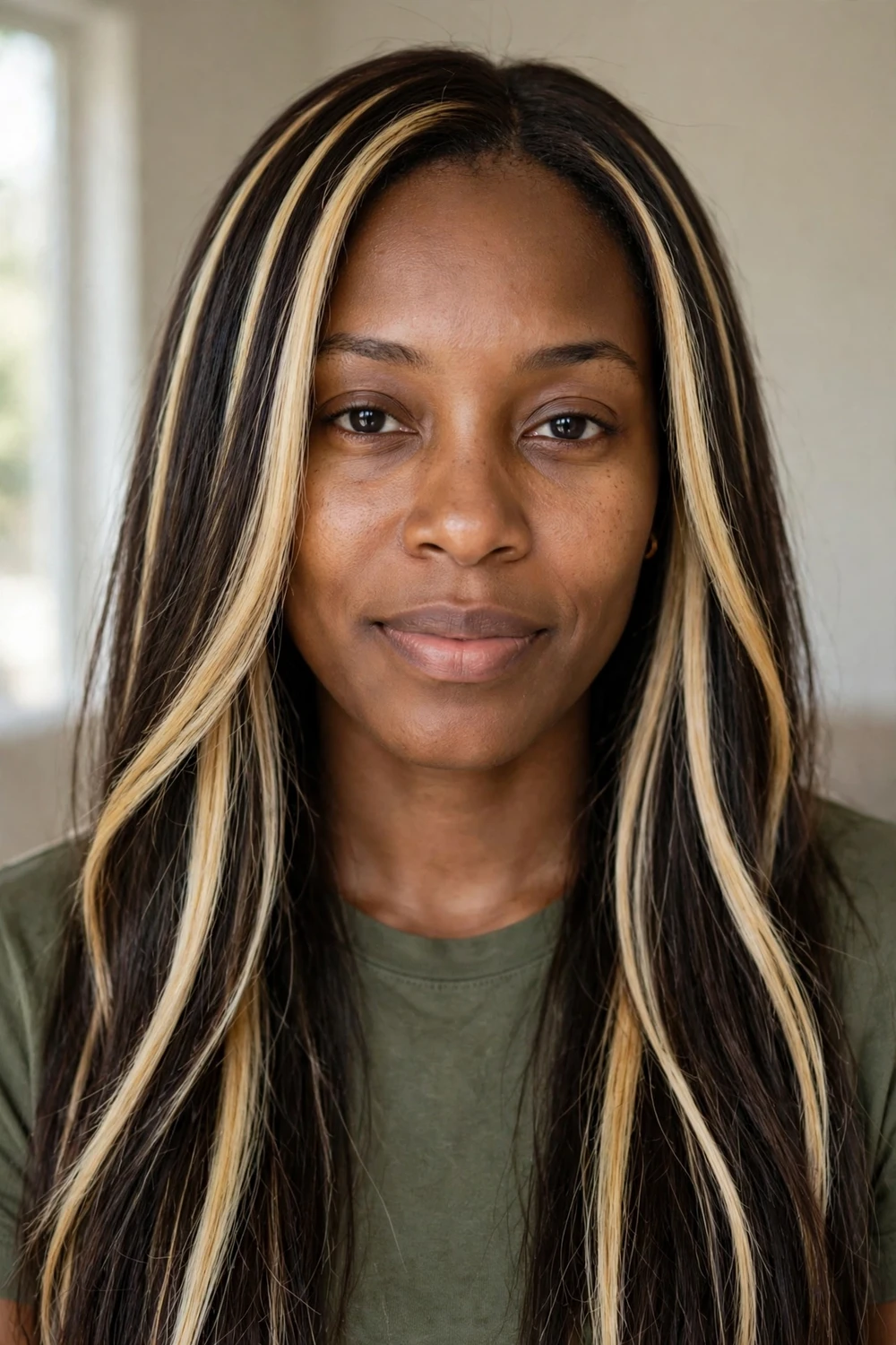 Long straight brunette hair with bold contrasting blonde balayage ribbons