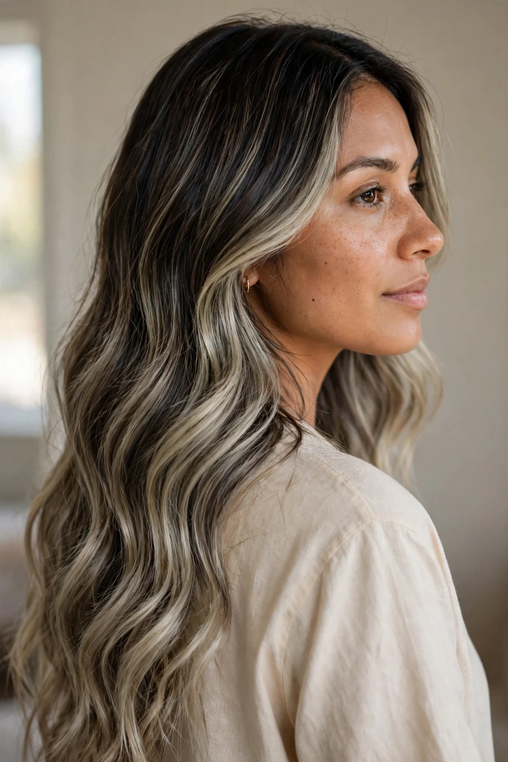 Reverse balayage with smoky ash ribbons over a dark base, styled in loose waves