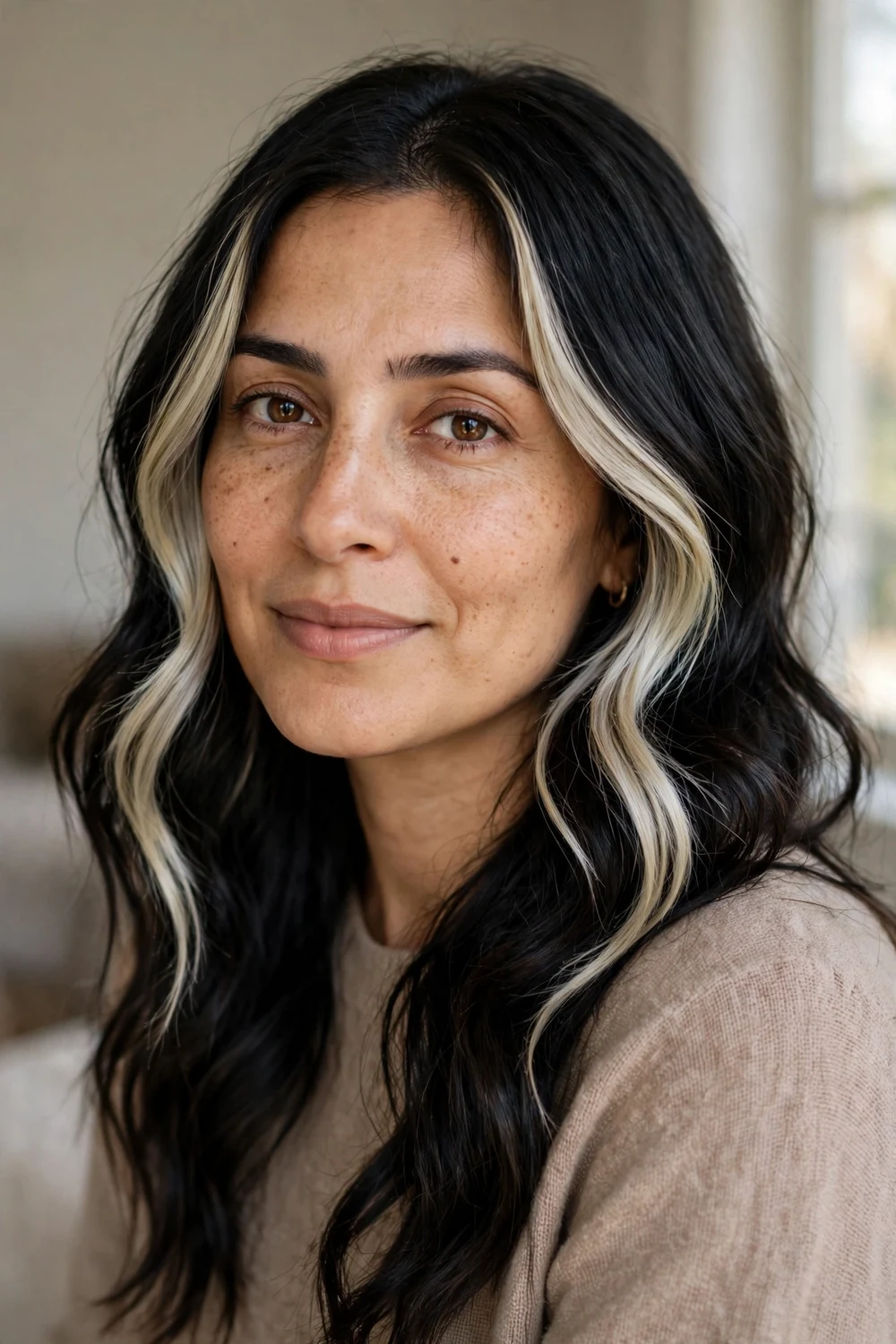 Cool ash blonde money piece framing the face on dark wavy hair
