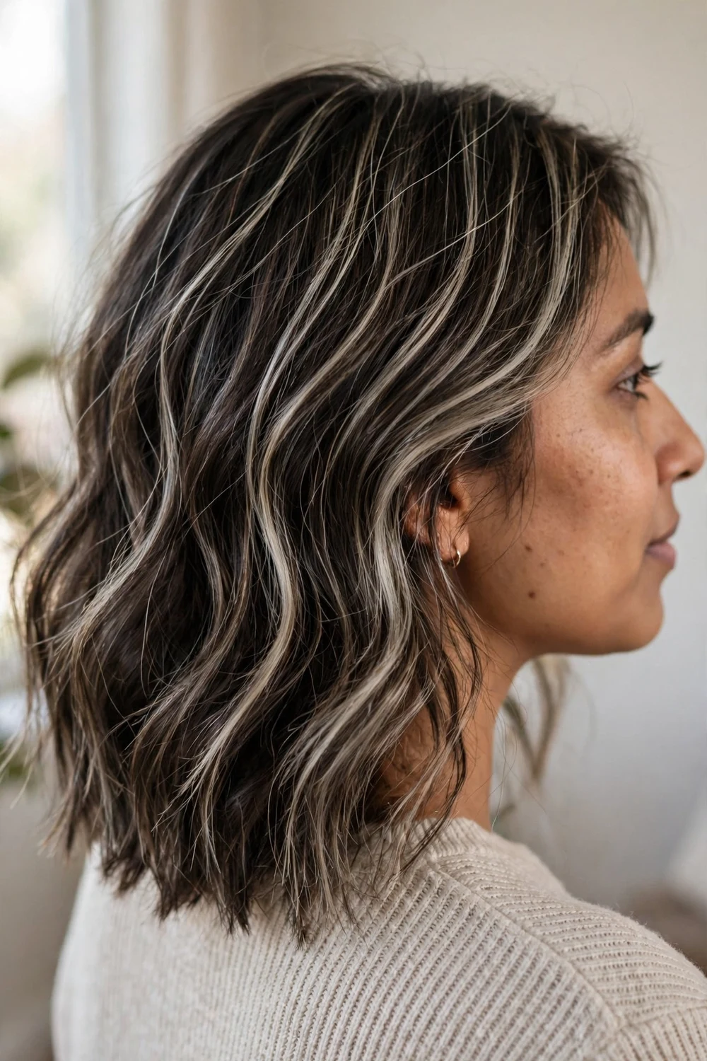 Fine cool ash babylights woven through dark hair for natural dimension