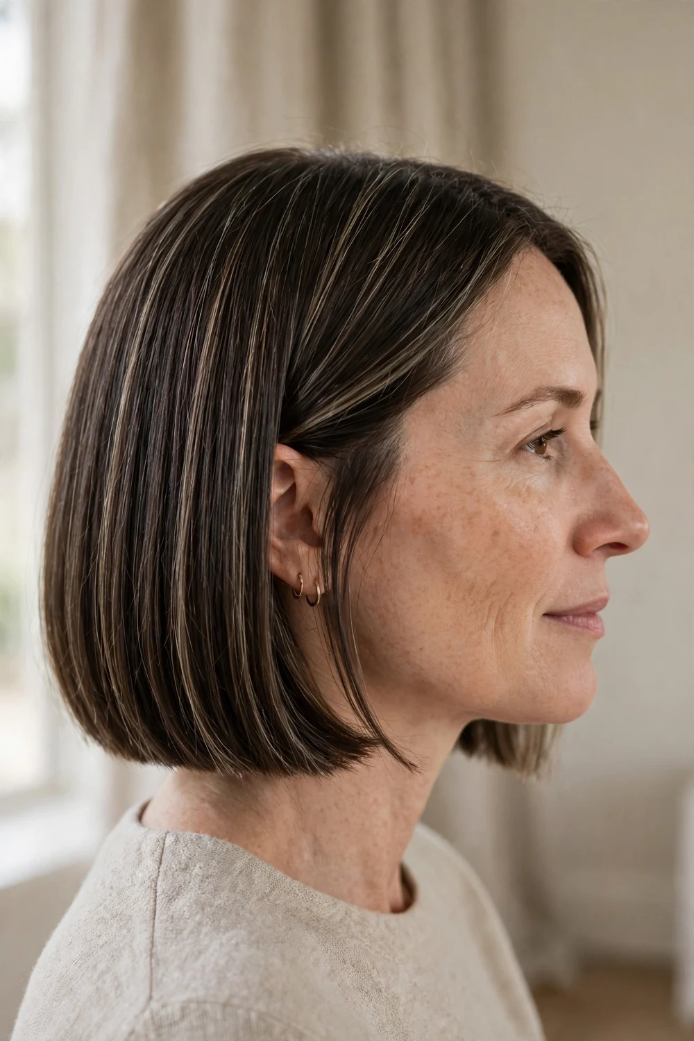 Blunt bob with barely-there whisper ash balayage on the surface layers